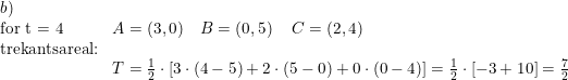 \small \small \small \begin{array}{lllll}b)\\\textup{for t = 4}&A=(3,0)\quad B=\left ( 0,5 \right )\quad C=(2,4)\\\textup{trekantsareal:}\\&T=\frac{1}{2}\cdot\left [ 3\cdot (4-5)+2\cdot (5-0)+0\cdot (0-4) \right ]=\frac{1}{2}\cdot \left [ -3+10 \right ]=\frac{7}{2} \end{array}
