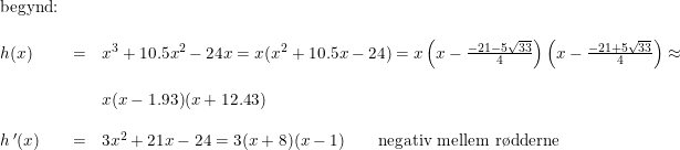 \small \small \small \begin{array}{llllll}\textup{begynd:} \\\\h(x)&=&x^3+10.5x^2-24x=x(x^2+10.5x-24)=x\left (x-\frac{-21-5\sqrt{33}}{4} \right )\left (x-\frac{-21+5\sqrt{33}}{4} \right )\approx \\\\ &&x(x-1.93)(x+12.43)\\\\ h{\, }' (x)&=&3x^2+21x-24=3(x+8)(x-1)\qquad\textup{negativ mellem r\o dderne} \end{array}