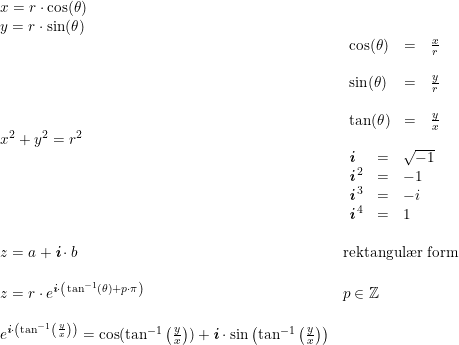 \small \small \small \small \begin{array}{llll} x=r\cdot \cos(\theta)\\ y=r\cdot \sin(\theta)\\& \begin{array}{llll}\cos(\theta)&=&\frac{x}{r}\\\\ \sin(\theta)&=&\frac{y}{r}\\\\ \tan(\theta)&=&\frac{y}{x} \end{array}\\ x^2+y^2=r^2\\& \begin{array}{llll}\textit{\textbf{i}}&=&\sqrt{-1}\\ \textit{\textbf{i}}^{\,2}&=&-1\\ \textit{\textbf{i}}^{\,3}&=&-i\\ \textit{\textbf{i}}^{\, 4}&=&1 \end{array}\\\\ z=a+\textit{\textbf{i}}\cdot b&\textup{rektangul\ae r form}\\\\ z=r\cdot e^{\textit{\textbf{i}}\cdot \left (\tan^{-1}\left ( \theta \right ) +p\cdot \pi \right )}& p\in\mathbb{Z}\\\\ e^{\textit{\textbf{i}}\cdot \left (\tan^{-1}\left ( \frac{y}{x} \right ) \right )}=\cos(\tan^{-1}\left ( \frac{y}{x} \right ))+\textit{\textbf{i}}\cdot\sin\left ( \tan^{-1}\left (\frac{y}{x}\right) \right )\end{array}