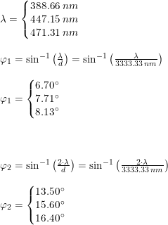 \small \small \small \small \begin{array}{lllll} \lambda =\left\{\begin{matrix} 388.66\;nm\\ 447.15\;nm \\ 471.31\;nm \end{matrix}\right.\\\\ \varphi _1=\sin^{-1}\left ( \frac{\lambda}{d} \right )=\sin^{-1}\left ( \frac{\lambda}{3333.33\;nm} \right )\\\\ \varphi_1=\left\{\begin{matrix} 6.70\degree\\ 7.71\degree \\ 8.13\degree \end{matrix}\right. \\\\\\\\ \varphi _2=\sin^{-1}\left ( \frac{2\cdot \lambda}{d} \right )=\sin^{-1}\left ( \frac{2\cdot \lambda}{3333.33\;nm} \right )\\\\ \varphi_2=\left\{\begin{matrix} 13.50\degree\\ 15.60\degree \\ 16.40\degree \end{matrix}\right. \end{array}