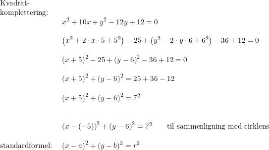 \small \small \small \small \begin{array}{lllll} \textup{Kvadrat-}\\ \textup{komplettering:}\\& \begin{array}{lllll} x^2+10x+y^2-12y+12=0\\\\ \left ( x^2+2\cdot x\cdot 5+5^2 \right )-25+\left (y^2-2\cdot y\cdot 6+6^2 \right )-36+12=0\\\\ \left (x+5 \right )^2-25+\left (y-6 \right )^2-36+12=0\\\\ \left (x+5 \right )^2+\left (y-6 \right )^2=25+36-12\\\\ \left (x+5 \right )^2+\left (y-6 \right )^2=7^2\\\\\\ \left (x-(-5) \right )^2+\left (y-6 \right )^2=7^2\qquad\textup{til sammenligning med cirklens}\end{array}\\\\ \textup{standardformel:}&\; \, \left ( x-a \right )^2+(y-b)^2=r^2 \end{array}