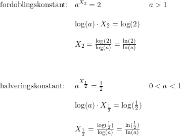 \small \small \small \small \begin{array}{lllll} \textup{fordoblingskonstant:}&a^{X_2}=2&a>1\\\\ &\log(a)\cdot X_2=\log(2)\\\\ &X_2=\frac{\log(2)}{\log(a)}=\frac{\ln(2)}{\ln(a)}\\\\\\\\ \textup{halveringskonstant:}&a^{X_{\frac{1}{2}}}=\frac{1}{2}&0<a<1\\\\ &\log(a)\cdot X_{\frac{1}{2}}=\log(\frac{1}{2})\\\\ &X_{\frac{1}{2}}=\frac{\log(\frac{1}{2})}{\log(a)}=\frac{\ln(\frac{1}{2})}{\ln(a)} \end{array}