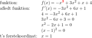 \small \small \small \small \small \begin{array}{llc} \textup{funktion:}&f(x)=-x^\textbf{{\color{Red} 3}}+3x^2+x+4\\ \textup{afledt funktion:}&f{\, }'(x)=-3x^2+6x+1\\ &4=-3x^2+6x+1\\ &3x^2-6x+3=0\\ &x^2-2x+1=0\\ &(x-1)^2=0\\ \textup{t's f\o rstekoordinat:}&x=1 \end{array}