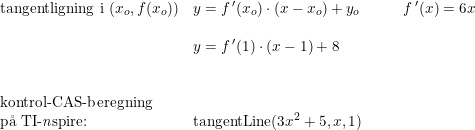 \small \small \small \small \small \begin{array}{lllll} \textup{tangentligning i }(x_o,f(x_o))&y=f{\, }'(x_o)\cdot (x-x_o)+y_o&&&f{\, }'(x)=6x\\\\ &y=f{\, }'(1)\cdot (x-1)+8\\\\\\ \textup{kontrol-CAS-beregning}\\ \textup{p\aa \ TI-\textit{n}spire:}&\textup{tangentLine}(3x^2+5,x,1) \end{array}