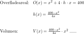 \small \small \small \small \small \begin{array}{llllll} \textup{Overfladeareal:}&O(x)=x^2+4\cdot h\cdot x=400\\\\& h(x)= \frac{400-x^2 }{4x}\\\\\\ \textup{Volumen:}&V(x)= \frac{ 400-x^2 }{4x}\cdot x^2\textup{ ......} \end{array}
