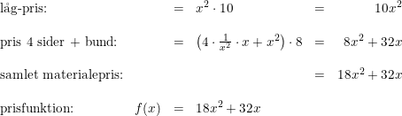 \small \small \small \small \small \small \begin{array} {lrclcr} \textup{l\aa g-pris:}&&=& x^2\cdot 10&=&10x^2\\\\ \textup{pris 4 sider + bund:}&&=&\left (4\cdot \frac{1}{x^2}\cdot x+x^2 \right )\cdot 8&=&8x^2+32x \\\\ \textup{samlet materialepris:}&&&&=&18x^2+32x\\\\ \textup{prisfunktion:} &f(x)&=&18x^2+32x \end{array}