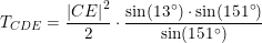 \small \small T_{CDE}=\frac{\left | CE \right |^2}{2}\cdot \frac{\sin(13\degree)\cdot \sin(151\degree)}{\sin(151\degree)}
