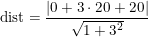\small \textup{dist}=\frac{\left |0+3\cdot 20+20 \right |}{\sqrt{1+3^2}}