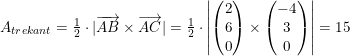 \small A_{trekant} = \tfrac{1}{2}\cdot |\overrightarrow{AB} \times \overrightarrow{AC}|=\tfrac{1}{2}\cdot \left | \begin{pmatrix} 2\\ 6\\ 0 \end{pmatrix} \times \begin{pmatrix} -4\\ 3\\ 0 \end{pmatrix} \right |=15