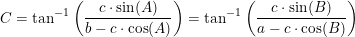 \small C=\tan^{-1}\left ( \frac{c\cdot \sin(A)}{b-c\cdot \cos(A)} \right )=\tan^{-1}\left ( \frac{c\cdot \sin(B)}{a-c\cdot \cos(B)} \right )