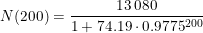 \small N(200)=\frac{13\, 080}{1+74.19\cdot 0.9775^{200}}