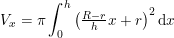 \small V_x=\pi \int_{0}^{h}\left (\tfrac{R-r}{h}x+r \right )^2\mathrm{d}x