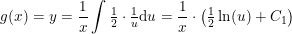 \small g(x)=y=\frac{1}{x}\int \tfrac{1}{2}\cdot \tfrac{1}{u}\mathrm{d}u=\frac{1}{x}\cdot \left ( \tfrac{1}{2}\ln(u) +C_1\right )