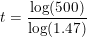 \small t=\frac{\log(500)}{\log(1.47)}
