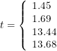\small t=\left\{\begin{array}{ll} 1.45\\1.69\\13.44\\13.68 \end{array}\right.