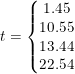 \small t=\left\{\begin{matrix} 1.45\\10.55\\13.44\\22.54 \end{matrix}\right.