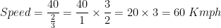 Speed = frac{40}{frac{2}{3}} = frac{40}{1}timesfrac{3}{2}= 20times 3 = 60 ;Kmph