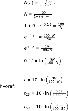 \small \begin{array}{lllll}&& N(t)=\frac{100}{1+9\cdot e^{-0.1\cdot t}}\\\\&& N=\frac{100}{1+9\cdot e^{-0.1\cdot t}}\\\\&& 1+9\cdot e^{-0.1\cdot t}=\frac{100}{N}\\\\&& e^{-0.1\cdot t}=\frac{100-N}{9N}\\\\&& e^{0.1\cdot t}=\frac{9N}{100-N}\\\\&& 0.1t=\ln\left (\frac{9N}{100-N} \right )\\\\\\&& t=10\cdot \ln\left (\frac{9N}{100-N} \right )\\ \textup{hvoraf:}\\&& t_{25}=10\cdot \ln\left (\frac{9\cdot 25}{100-25} \right )\\\\&& t_{50}=10\cdot \ln\left (\frac{9\cdot 50}{100-50} \right ) \end{array}