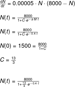 \begin{array}{llllll}&& \frac{\mathrm{d} N}{\mathrm{d} t}=0.00005\cdot N\cdot (8000-N)\\\\&& N(t)=\frac{8000}{1+C\cdot e^{-a\cdot M\cdot t}}\\\\&& N(t)=\frac{8000}{1+C\cdot e^{-0.4\cdot t}}\\\\&& N(0)=1500=\frac{8000}{1+C}\\\\&& C=\frac{13}{3}\\\\\\&& N(t)=\frac{8000}{1+\frac{13}{3}\cdot e^{-0.4\cdot t}} \end{array}