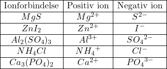 \small \begin{array} {|c|c|c|} \hline \textup{Ionforbindelse}&\textup{Positiv ion}&\textup{Negativ ion}\\ \hline MgS&Mg^{2+}&S^{2-}\\ \hline ZnI_2&Zn^{2+}&I^-\\ \hline Al_2(SO_4)_3&Al^{3+}&SO{_4}^{2-}\\ \hline NH_4Cl&N{H_4}^+&Cl^-\\ \hline Ca_3(PO_4)_2&Ca^{2+}&P{O_4}^{3-}\\ \hline \end{array}