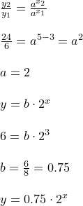 \small \small \begin{array}{llll} \frac{y_2}{y_1}=\frac{a^{x_2}}{a^{x_1}}\\\\ \frac{24}{6}=a^{5-3}=a^2\\\\ a=2 \\\\ y=b\cdot2^x\\\\ 6=b\cdot 2^3\\\\ b=\frac{6}{8}=0.75\\\\ y=0.75\cdot 2^x \end{array}