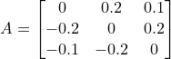 \small A=\begin{bmatrix} 0 & 0.2 & 0.1\\ -0.2 &0 &0.2 \\ -0.1& -0.2 &0 \end{bmatrix}