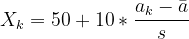 X_{k}=50+10*\frac{a_{k}-\bar{a}}{s}