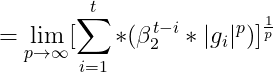 =\lim_{p \to \infty }[\sum_{i=1}^{t}*(\beta _{2}^{t-i}*|g_{i}|^p)]^\frac{1}{p}