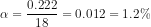 \alpha =\frac{0.222}{18}=0.012=1.2\%