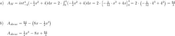 \begin{array}{llll}a)&A_M=int_{-4}^{4}(-\frac{1}{4}x^2+4)\mathrm{d}x=2\cdot \int_{0}^{4}(-\frac{1}{4}x^2+4)\mathrm{d}x=2\cdot \left [-\frac{1}{12}\cdot x^3+4x \right ] _{0}^{4}=2\cdot \left ( -\frac{1}{12}\cdot 4^3+4^2 \right )=\tfrac{64}{3}\\\\\\\\b)&A_{skrav}=\frac{64}{3}-\left ( 8x-\frac{1}{2}x^3 \right )\\\\&A_{skrav}=\frac{1}{2}x^3-8x+\frac{64}{3}\end{array}