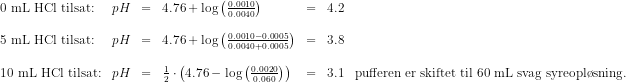 \begin{array}{lrclclcl} 0\textup{ mL HCl tilsat:}&pH&=&4.76+\log\left ( \frac{0.0010}{0.0040} \right )&=&4.2\\\\ 5\textup{ mL HCl tilsat:}&pH&=&4.76+\log\left ( \frac{0.0010-0.0005}{0.0040+0.0005}\right )&=&3.8\\\\ 10\textup{ mL HCl tilsat:}&pH&=&\tfrac{1}{2}\cdot \left ( 4.76-\log\left(\frac{0.0020}{0.060}\right) \right )&=&3.1&\textup{pufferen er skiftet til 60 mL svag syreopl\o sning.} \end{array}