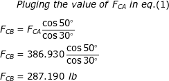 Pluging the value of Fca in eq.(1) FcBFCA c386.930 COS 50 Fce 287.190 lb COS 30 cos 30