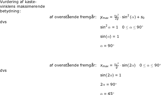 \small \small \begin{array}{llllll} \textup{Vurdering af kaste-}\\ \textup{vinklens maksimerende }\\ \textup{betydning:}\\&\textup{af ovenst\aa ende fremg\aa r:}&y_{max}=\frac{{v_0}^2}{2g}\cdot \sin^2\left ( \alpha \right )+s_0\\ \textup{dvs}\\&&\sin^2{\alpha}=1\quad 0\leq \alpha\leq 90\degree\\\\&& \sin(\alpha)=1\\\\&& \alpha =90\degree\\\\\\\\&\textup{af ovenst\aa ende fremg\aa r:}&x_{max}=\frac{{v_0}^2}{g}\cdot \sin(2\alpha)\quad 0\leq \alpha \leq 90\degree\\\textup{dvs}\\&&\sin(2\alpha)=1\\\\&& 2\alpha =90\degree\\\\&&\alpha=45\degree \end{array}