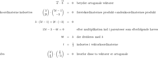 \small \begin{array}{lrcllll} &\overrightarrow{a}\cdot \overrightarrow{b}&=&0&\textup{betyder ortogonale vektorer}\\\\ \textup{koordinaterne inds\ae ttes}&\begin{pmatrix} 3\\2t \end{pmatrix}\cdot \begin{pmatrix} 5t-1\\-3 \end{pmatrix}&=&0&\textup{f\o rstekordinaternes produkt+andenkoordinaternes produkt}\\\\ &3\cdot (5t-1)+2t\cdot (-3)&=&0\\\\ &15t-3-6t=0&&&\textup{efter multiplikation ind i parenteser som efterf\o lgende h\ae ves}\\\\ &9t&=&3&\textup{der divideres med 3}\\\\ &t&=&\tfrac{1}{3}&\textup{inds\ae tes i vektorkoordinaterne} \\\\ \textup{dvs}&\begin{pmatrix} 3\\\frac{2}{3} \end{pmatrix}\cdot \begin{pmatrix} \frac{2}{3}\\-3 \end{pmatrix}&=&0&\textup{hvorfor disse to vektorer er ortogonale} \end{array}