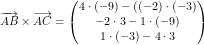 \small \overrightarrow{AB}\times\overrightarrow{AC}=\begin{pmatrix} 4\cdot (-9)-((-2)\cdot (-3) \\ -2\cdot 3-1\cdot (-9) \\ 1\cdot (-3)-4\cdot 3 \end{pmatrix}