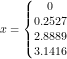 \small x=\left\{\begin{matrix} 0\\ 0.2527 \\2.8889 \\3.1416 \end{matrix}\right.