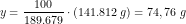 \small y=\frac{100}{189.679}\cdot \left ( 141.812\, g \right )=74,76\; g