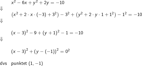 \small \begin{array}{lllll}& x^2-6x+y^2+2y=-10\\\Downarrow\\& \left (x^2+2\cdot x\cdot (-3)+3^2 \right )-3^2+\left ( y^2+2\cdot y\cdot 1+1^2 \right )-1^2=-10\\\Downarrow\\&\\& \left ( x-3 \right )^2-9+\left (y+1 \right )^2-1=-10\\\Downarrow\\&\\& \left ( x-3 \right )^2+\left (y-(-1)\right )^2=0^2\\\\ \textup{dvs}&\textup{punktet }(1,-1) \end{array}