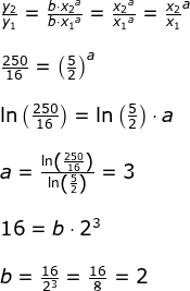 \begin{array}{llllll} \frac{y_2}{y_1}=\frac{b\cdot {x_2 } ^a}{b\cdot {x_1 } ^a}=\frac{ {x_2 } ^a}{ {x_1 } ^a}={\frac{x_2}{x_1}}^a\\\\ \frac{250}{16}=\left ( \frac{5}{2} \right )^a\\\\ \ln\left (\frac{250}{16} \right )=\ln\left ( \frac{5}{2} \right )\cdot a\\\\ a=\frac{\ln\left (\frac{250}{16} \right )}{\ln\left ( \frac{5}{2} \right )}=3\\\\ 16=b\cdot 2^3\\\\ b=\frac{16}{2^3}=\frac{16}{8}=2 \end{array}