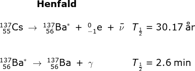 \begin{array}{llllll} \qquad \qquad \textbf{Henfald}\\\\ _{\, \, \, 55}^{137}\textrm{Cs}\;\rightarrow \;_{\, \, \, 56}^{137}\textrm{Ba}^*\;+\;_{-1}^{0}\textrm{e}\;+\;\bar \nu&T_{\frac{1}{2}} =30.17\; \textup{\aa r}\\\\\\ _{\, \, \, 56}^{137}\textrm{Ba}^*\;\rightarrow \;_{\, \, \, 56}^{137}\textrm{Ba}\;+\;\gamma &T_{\frac{1}{2}} =2.6\; \textup{min}\end{array}