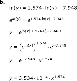 \small \begin{array}{lllll} \textbf{b.}\\& \ln(y)=1.574\cdot \ln(x)-7.948\\\\& e^{ln(y)}=e^{1.574\cdot \ln(x)-7.948}\\\\& y=e^{\ln(x)\cdot 1.574+(-7.948)}\\\\& y=\left (e^{\ln(x)} \right )^{1.574}\cdot e^{-7.948}\\\\& y=e^{-7.948}\cdot x^{1.574}\\\\\\& y=3.534\cdot 10^{-4}\cdot x^{1.574} \end{array}