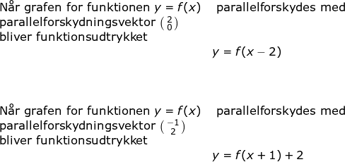 \small \begin{array}{llllll} \textup{N\aa r grafen for funktionen }y=f(x)&\textup{ parallelforskydes med }\\ \textup{parallelforskydningsvektor }\bigl(\begin{smallmatrix} 2\\0 \end{smallmatrix}\bigr)\\\textup{bliver funktionsudtrykket}\\& y=f(x-2)\\\\\\\\ \textup{N\aa r grafen for funktionen }y=f(x)&\textup{ parallelforskydes med }\\ \textup{parallelforskydningsvektor }\bigl(\begin{smallmatrix} -1\\2 \end{smallmatrix}\bigr)\\\textup{bliver funktionsudtrykket}\\& y=f(x+1) +2 \end{array}