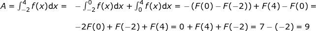 \small \begin{array}{llllll} A=\int_{-2}^{4}f(x)\mathrm{d}x=&-\int_{-2}^{0}f(x)\mathrm{d}x+\int_{0}^{4}f(x)\mathrm{d}x=-\left ( F(0)-F(-2) \right )+F(4)-F(0)=\\\\&-2F(0)+F(-2)+F(4)=0+F(4)+F(-2)=7-(-2)=9 \end{}
