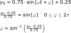 \small \begin{array}{llllll} y_0=0.75\cdot \sin\left ( \omega t+\varphi \right )+0.25\\\\ \frac{y_0-0.25}{0.75}=\sin\left ( \varphi \right )\quad 0\leq \varphi \leq 2\pi\\\\ \varphi=\sin^{-1}\left (\frac{y_0-0.25}{0.75} \right ) \end{array}