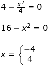 \small \begin{array}{llllll}&& 4-\frac{x^2}{4}=0\\\\&& 16-x^2=0\\\\&& x=\left\{\begin{matrix} -4\\4 \end{matrix}\right. \end{array}