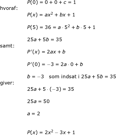 \small \begin{array}{llllll}&& P(0)=0+0+c=1\\ \textup{hvoraf:}\\&&P(x)=ax^2+bx+1\\\\&& P(5)=36=a\cdot 5^2+b\cdot 5+1\\\\&& 25a+5b=35\\ \textup{samt:}\\&& P{\, }'(x)=2ax+b\\\\&& P{\, }'(0)=-3=2a\cdot 0+b\\\\&& b=-3\quad \textup{som indsat i }25a+5b=35\\ \textup{giver:}\\&&25a+5\cdot (-3)=35\\\\&& 25a=50\\\\&& a=2\\\\\\&&P(x)=2x^2-3x+1 \end{array}