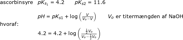 \small \begin{array}{llllll}\textup{ascorbinsyre}& pK_{s_1}=4.2\qquad pK_{s2}=11.6\\\\& pH=pK_{s1}+\log\left (\frac{V}{V_o-V} \right )\qquad V_o\textup{ er titerm\ae ngden af NaOH}\\ \textup{hvoraf:}\\&4.2=4.2+\log\left (\frac{\frac{1}{2} V_o}{V_o-\frac{1}{2}V_o}\right) \end{}