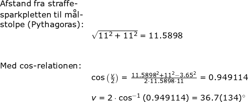 \small \begin{array}{lllllll} \\\\\textup{Afstand fra straffe-}\\ \textup{sparkpletten til m\aa l-}\\ \textup{stolpe (Pythagoras):}\\&\sqrt{11^2+11^2}=11.5898\\\\\\ \textup{Med cos-relationen:}\\&\cos\left ( \frac{v}{2} \right )=\frac{11.5898^2+11^2-3.65^2}{2\cdot11.5898\cdot 11 }=0.949114\\\\& v=2\cdot \cos^{-1}\left (0.949114 \right )=36.7(134)\degree \end{}