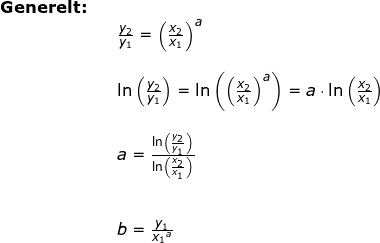 \small \begin{array}{lllllll} \textbf{Generelt:}\\&& \frac{y_2}{y_1}=\left ( \frac{x_2}{x_1} \right )^a\\\\&& \ln\left ( \frac{y_2}{y_1} \right )=\ln\left ( \left ( \frac{x_2}{x_1} \right )^a \right )=a\cdot \ln\left ( \frac{x_2}{x_1} \right )\\\\&& a=\frac{\ln\left ( \frac{y_2}{y_1} \right )}{\ln\left ( \frac{x_2}{x_1} \right )}\\\\\\&& b=\frac{y_1}{{x_1}^a} \end{array}