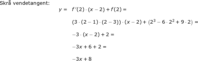 \small \begin{array}{lllllll} \textup{Skr\aa \ vendetangent:}\\&& y=&f{\, }'(2)\cdot \left ( x-2 \right )+f(2)=\\\\&&& \left (3\cdot (2-1)\cdot \left ( 2-3 \right ) \right )\cdot (x-2)+\left ( 2^3-6\cdot 2^2+9\cdot 2 \right )=\\\\&&&-3\cdot \left ( x-2 \right )+2=\\\\&&& -3x+6+2=\\\\&&& -3x+8 \end{array}